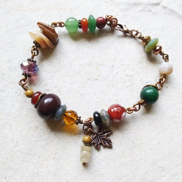North Country Bracelet w. Maple Leaf Charm ~ Semi-Precious Beads + Copper - Picture 1 of 6